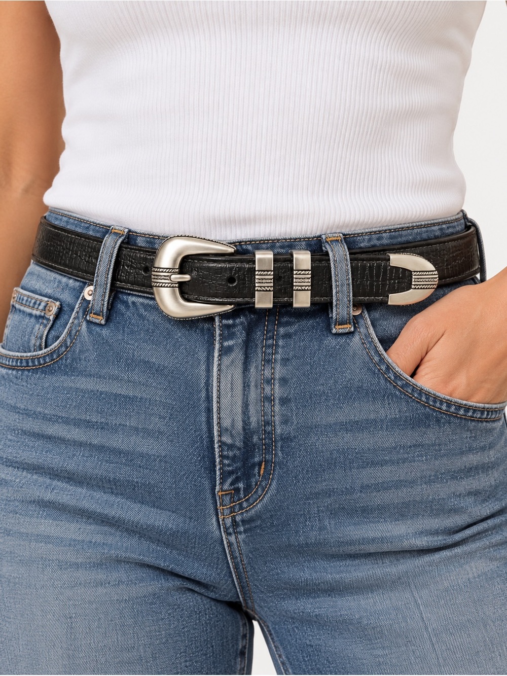 Jos. A. Bank Black Leather Western Croc Embossed Belt - Size 38